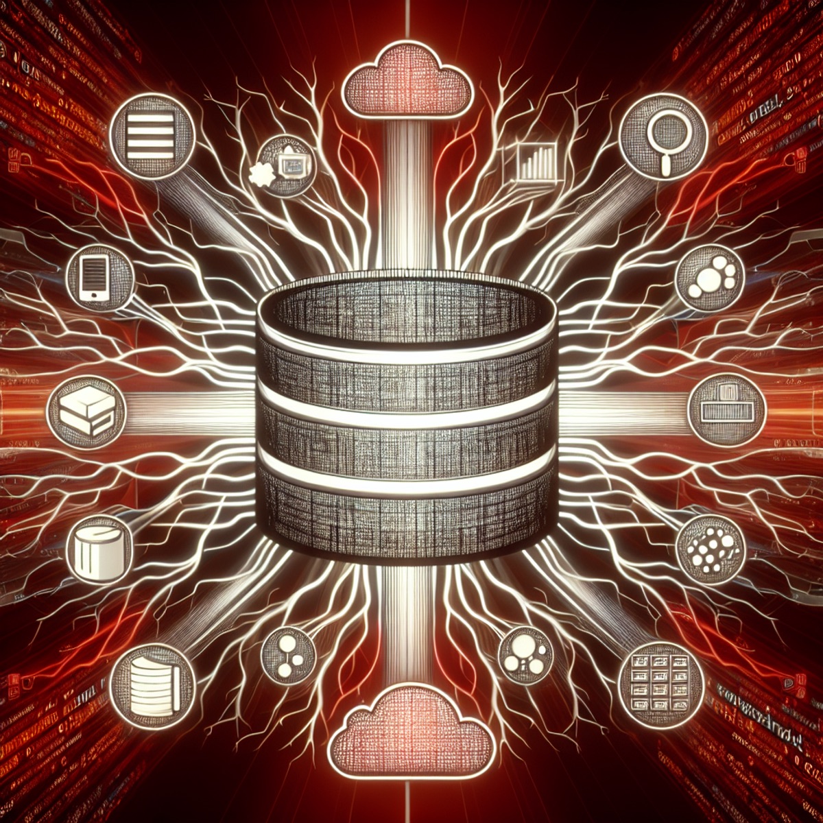 A digital illustration of a sturdy, robust-looking database symbol made of powerful, striking lines, surrounded by intricate digital neurons and related objects like coding symbols, cloud storage icon, and a magnifying glass inspecting a row of data. The color scheme is predominantly red, white, and black.