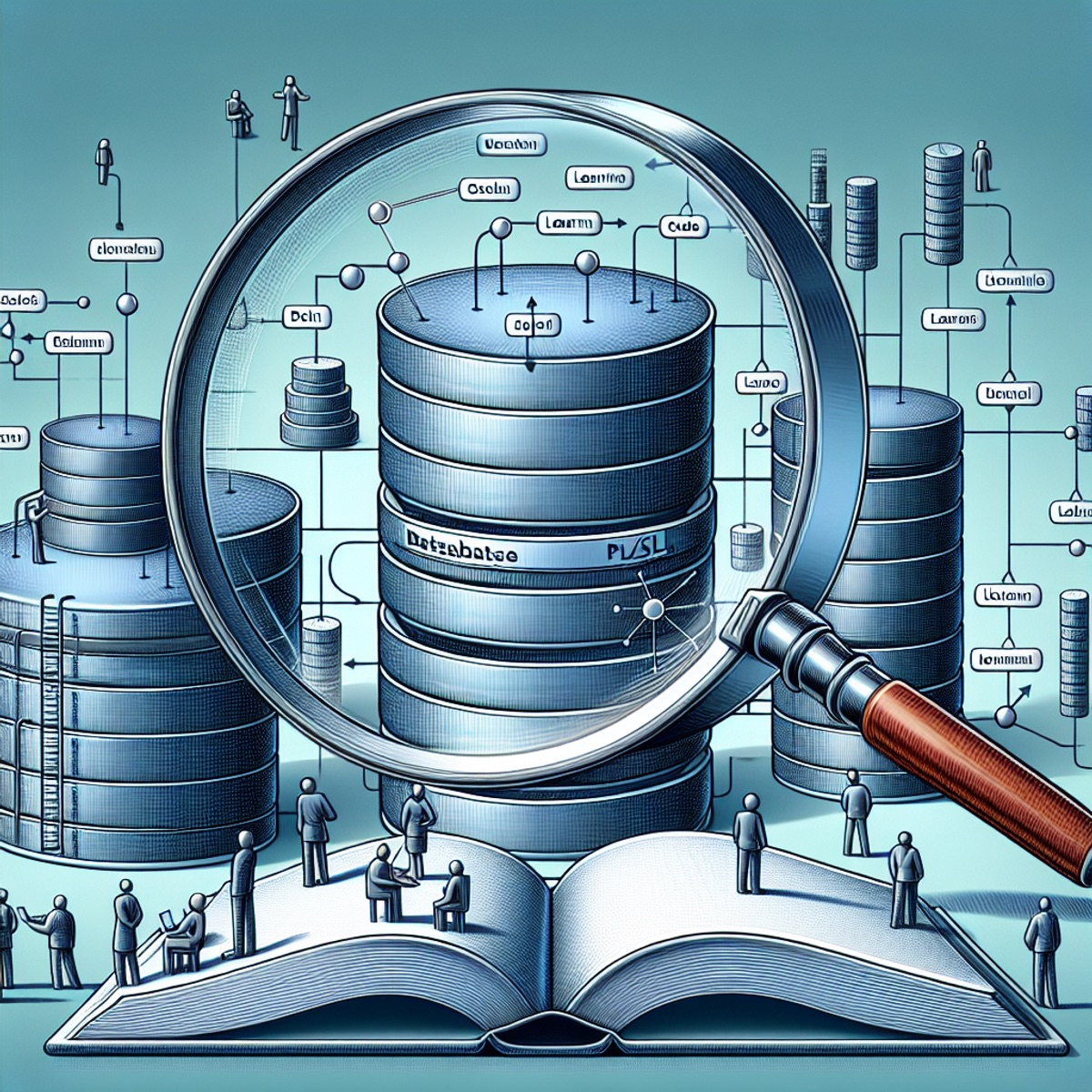 A group of interconnected cylinders representing databases with small figures interacting with them, symbolizing human interfacing. An open book with a magnifying glass reflecting lines and nodes resembling code, indicating the importance of understanding PL/SQL.