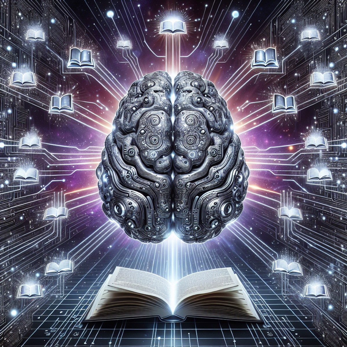 A metallic brain surrounded by glowing digital circuits, with paths extending outward to open books at the end, symbolizing the AI revolution and free AI courses.